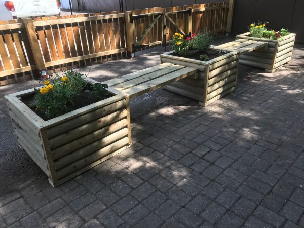 Rustic Wooden Log Planters And Bench