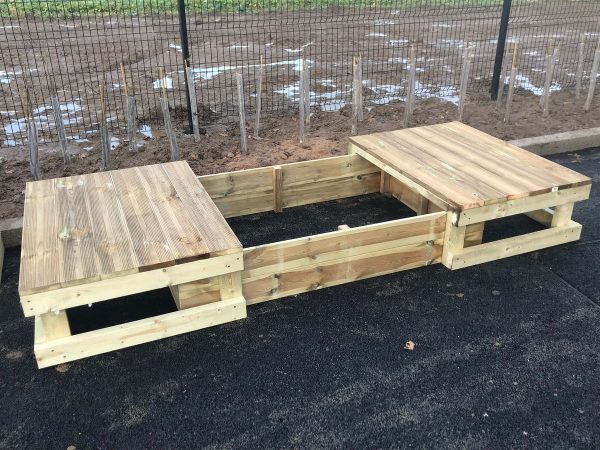 Large Dual Wooden Sandpit And Stage In Playground