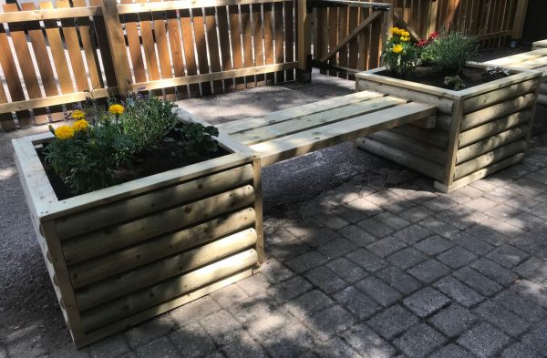 Wooden Rustic Log Planters And Bench