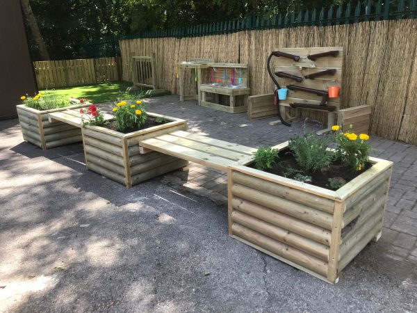Rustic Log Planters And Bench