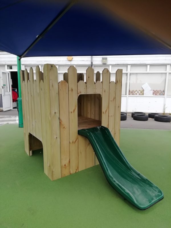 Wooden Playhouse With Green Slide
